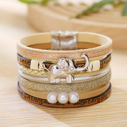 Bohemian Angel Life Tree Elephant Stainless Steel Pu Leather Alloy Layered Women's Bracelets