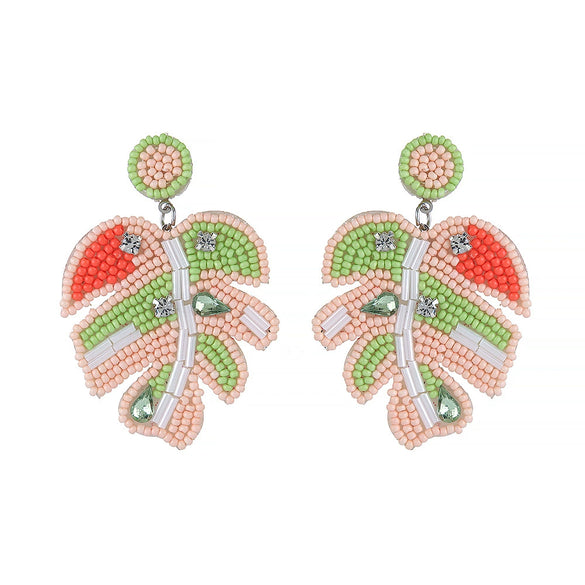 Bohemian Banana Leaf Exaggerated Earrings With Rice Beads