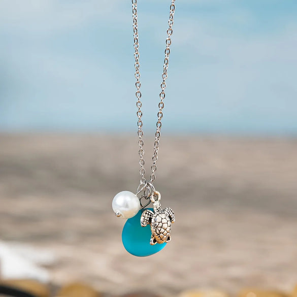 Bohemian Beach Tortoise Starfish Glass Glass Cable Chain Pendant Necklaces Wholesale