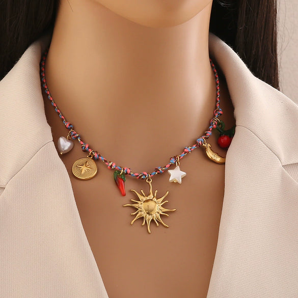 Bohemian Braided Handmade Stainless Steel Beach Jewelry With Starfish Conch Animal Zodiac Shapes Women's Necklace