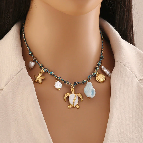 Bohemian Braided Handmade Stainless Steel Beach Jewelry With Starfish Conch Animal Zodiac Shapes Women's Necklace