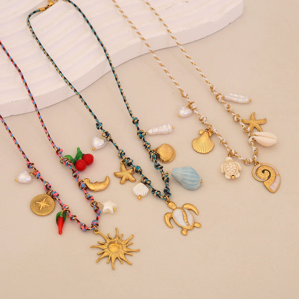 Bohemian Braided Handmade Stainless Steel Beach Jewelry With Starfish Conch Animal Zodiac Shapes Women's Necklace