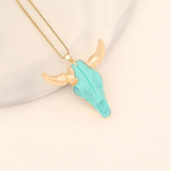Bohemian Cattle Stainless Steel Gold Plated Resin Pendant Necklace