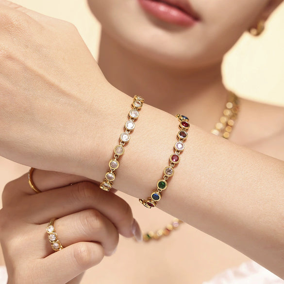 Bohemian Colorful Bead Zircon Necklace And Bracelet Titanium Steel Pvd Plated 18K Gold