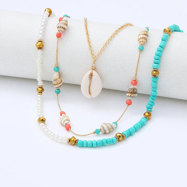 Bohemian Conch Shell Artificial Pearl Turquoise Metal Plating Women's Layered Necklaces