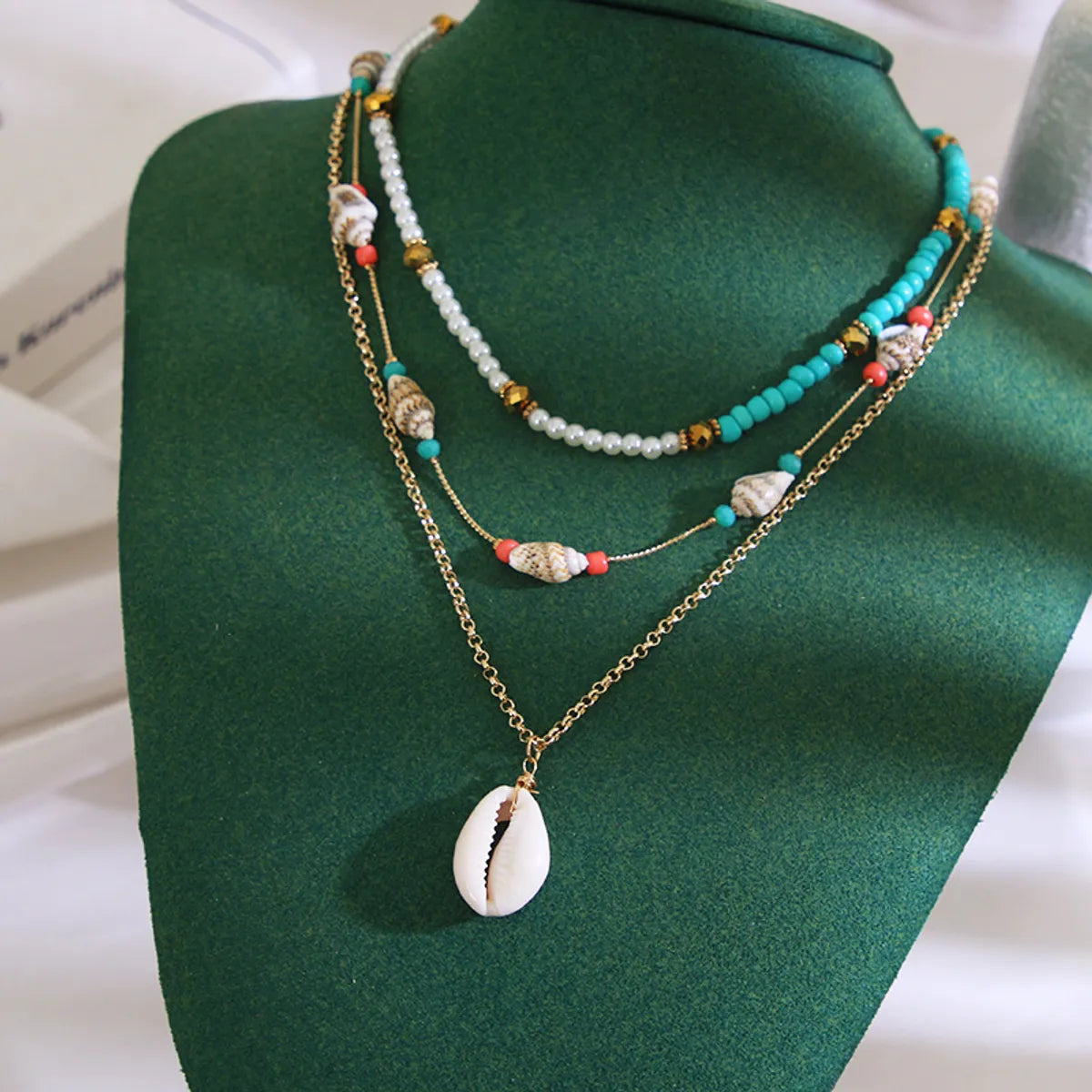 Bohemian Conch Shell Artificial Pearl Turquoise Metal Plating Women's Layered Necklaces