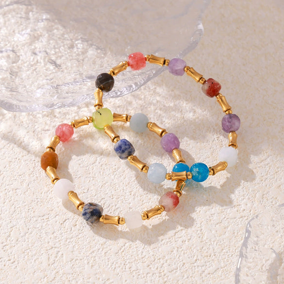 Bohemian Creative Dopamine Natural Stone Beaded Bracelet Titanium Steel Gold Plated Geometric Design