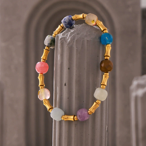 Bohemian Creative Dopamine Natural Stone Beaded Bracelet Titanium Steel Gold Plated Geometric Design