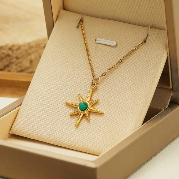 Bohemian Eightpointed Star Natural Stone Pendant Jewelry Gold Plated Stainless Steel