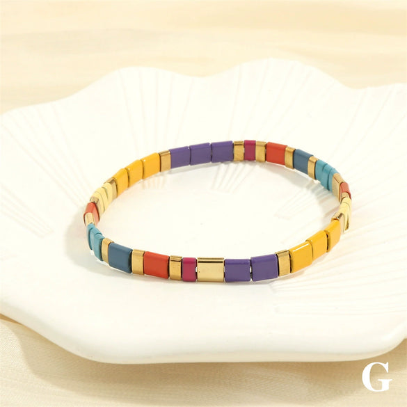 Bohemian Elastic Bracelet With Geometric Beads And Hand Painted Treatment Mixed Material