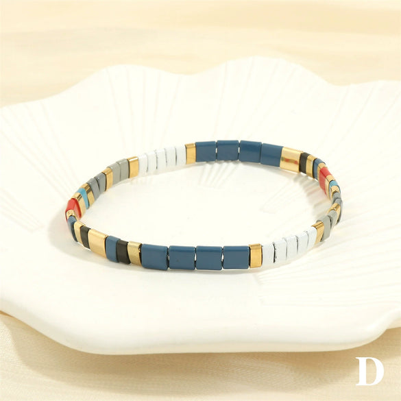 Bohemian Elastic Bracelet With Geometric Beads And Hand Painted Treatment Mixed Material