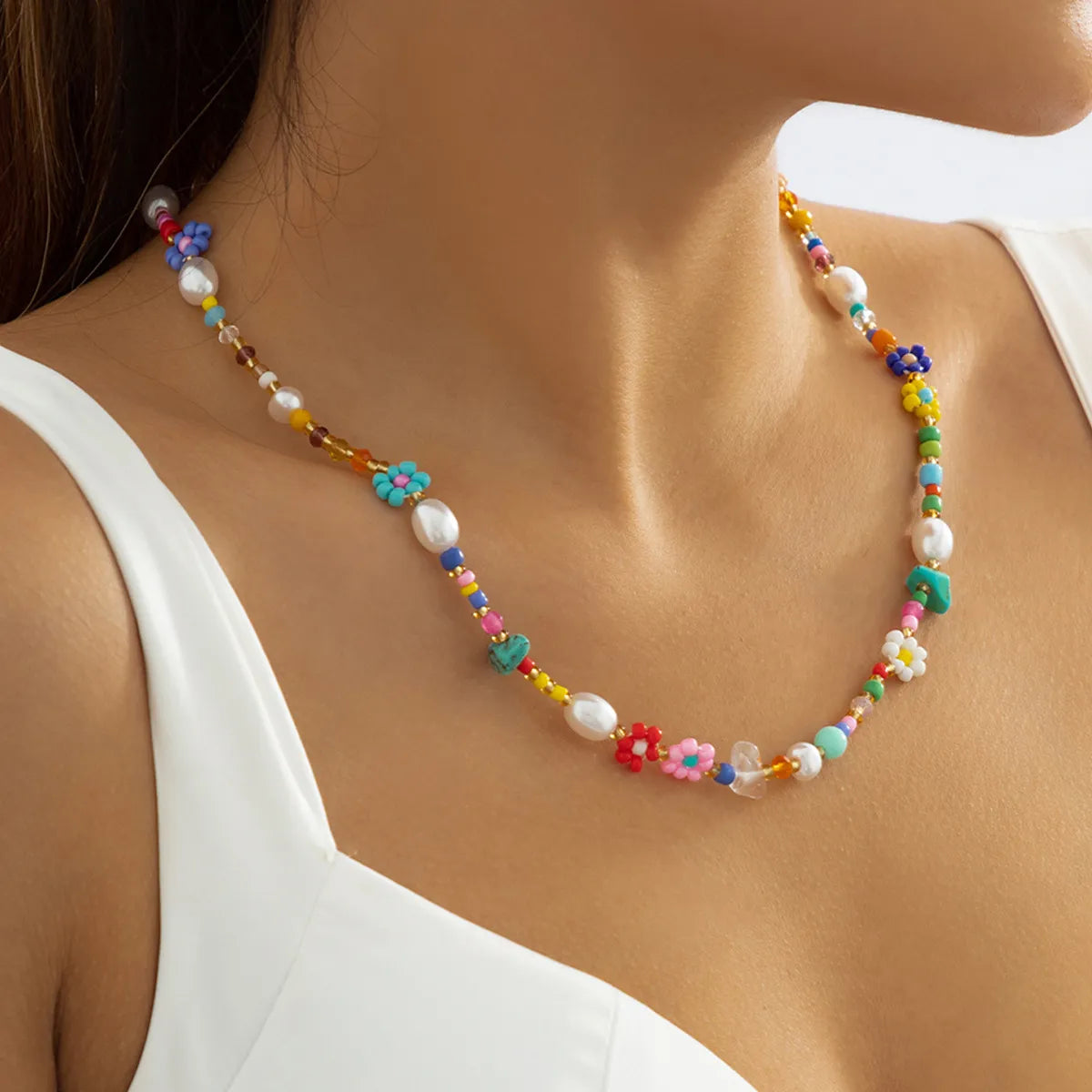 Bohemian Flower Beaded Imitation Pearl Women'S Necklace