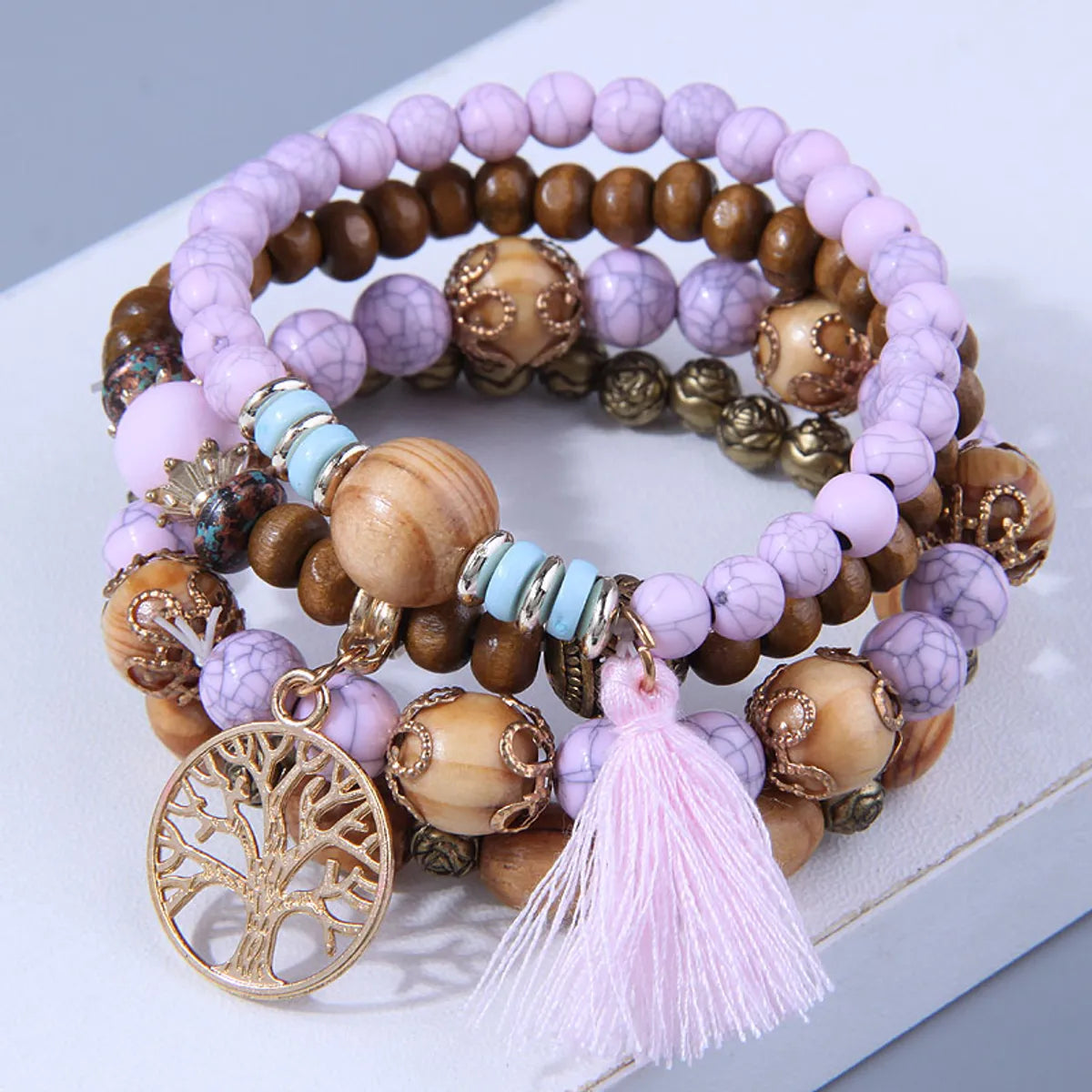 Bohemian Geometric Alloy Wood Beaded Bracelets 1 Set