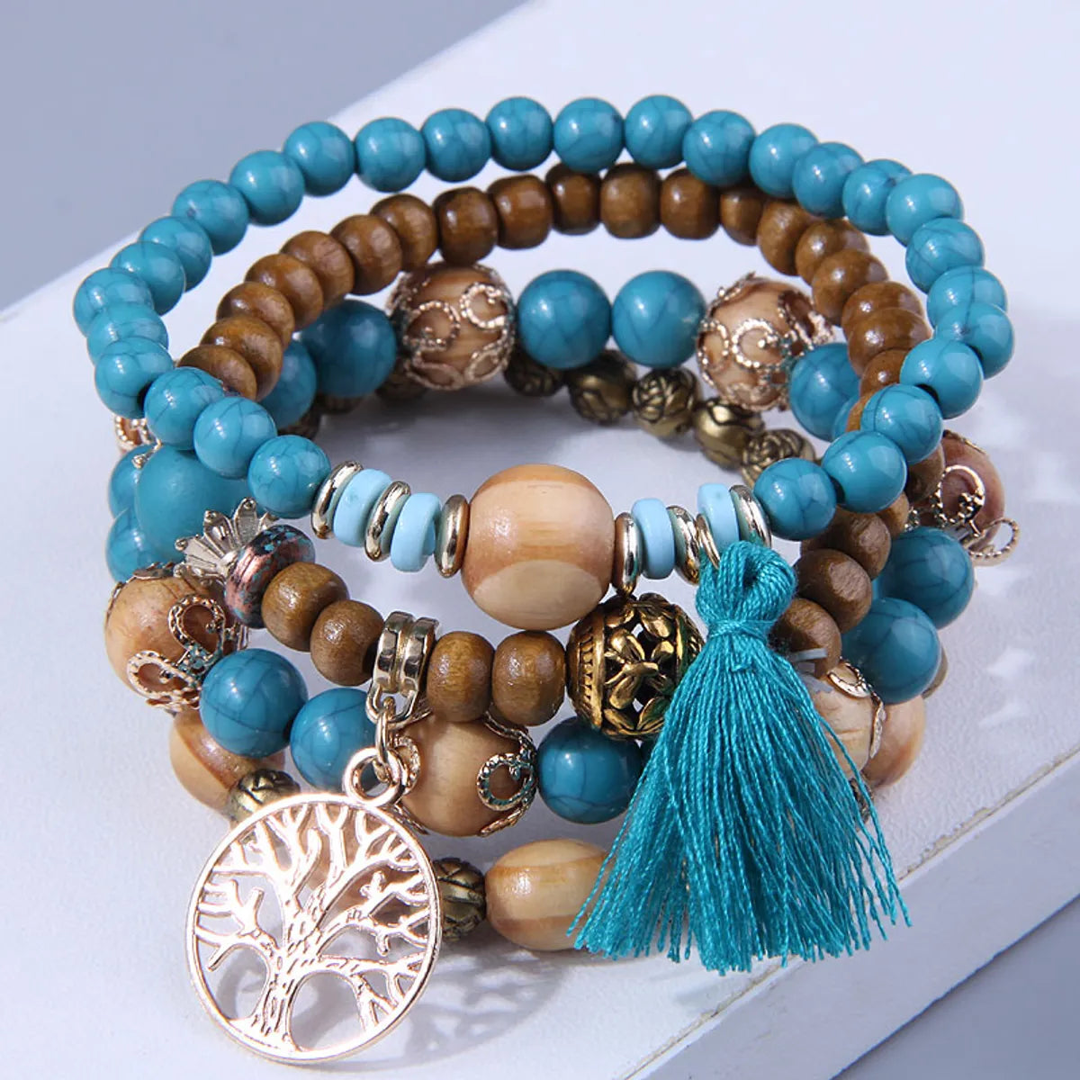 Bohemian Geometric Alloy Wood Beaded Bracelets 1 Set