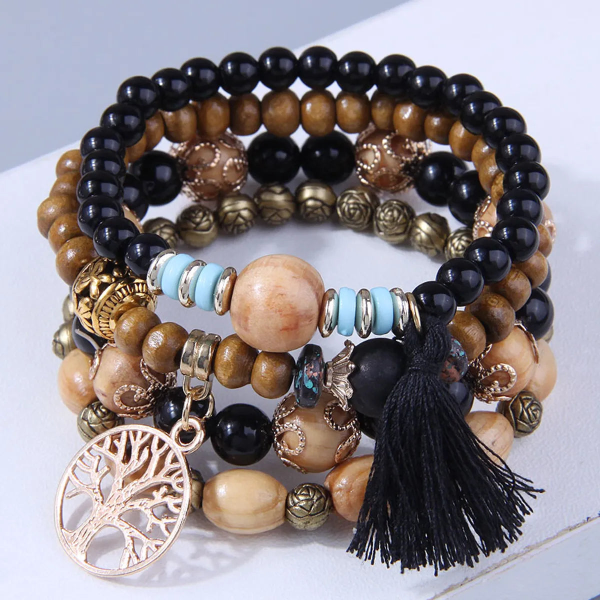 Bohemian Geometric Alloy Wood Beaded Bracelets 1 Set