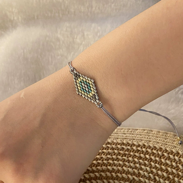 Bohemian Glass Glaze Rice Bead Woven Bracelet With Rhombus Pattern For Women