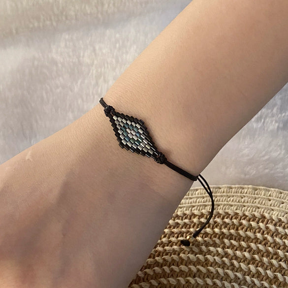 Bohemian Glass Glaze Rice Bead Woven Bracelet With Rhombus Pattern For Women