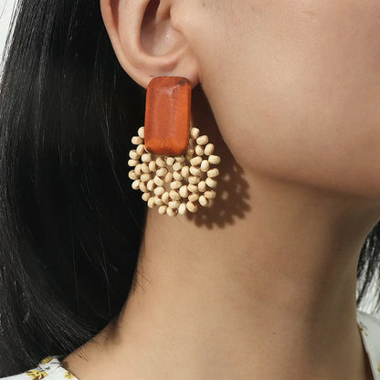 Bohemian Hand-Woven Geometric Wooden Bead Earrings