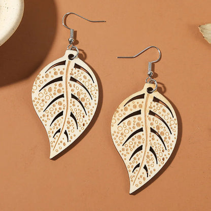 Bohemian Hollow Carved Wood Leaf-shaped Earring