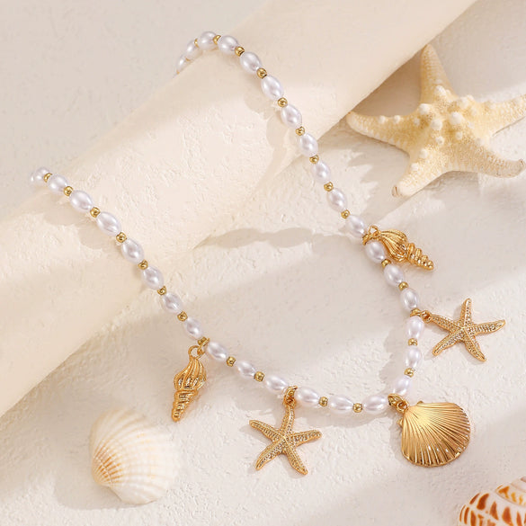 Bohemian Imitation Pearl Beaded Shell Conch Sea Star Necklace For Women Made Of Mixed Materials With Electroplating