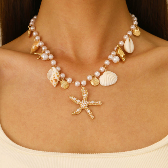 Bohemian Imitation Pearl Beaded Shell Conch Sea Star Necklace For Women Made Of Mixed Materials With Electroplating