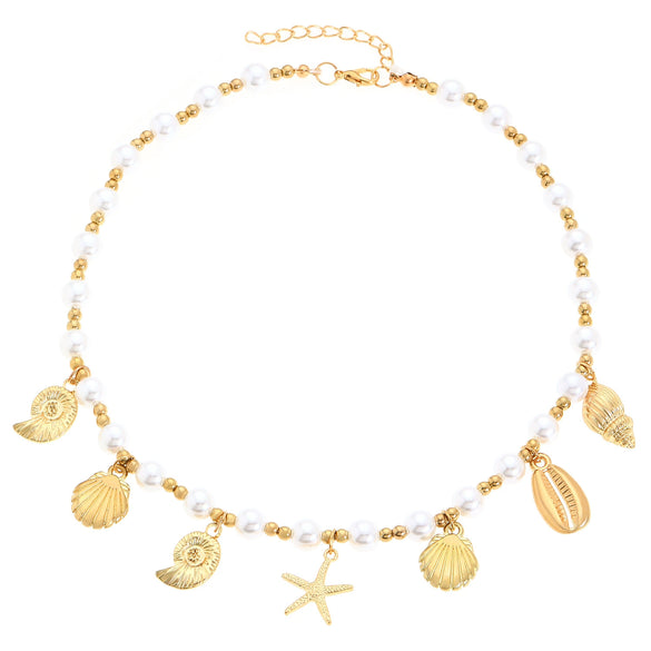 Bohemian Imitation Pearl Beaded Shell Conch Sea Star Necklace For Women Made Of Mixed Materials With Electroplating