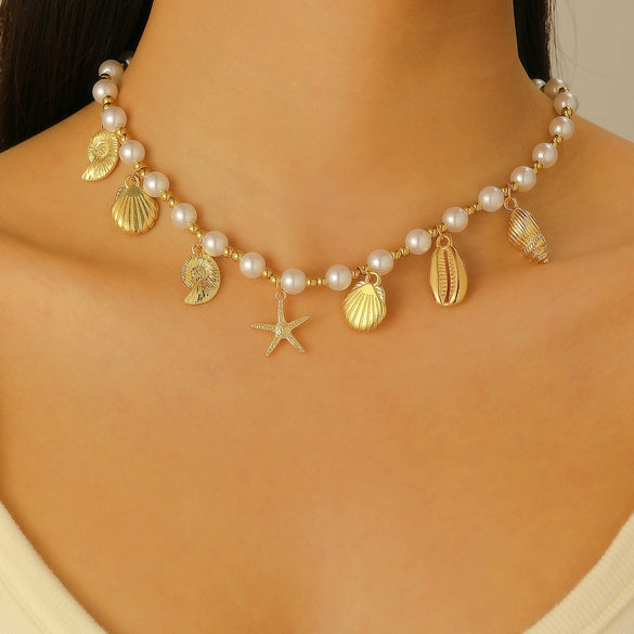 Bohemian Imitation Pearl Beaded Shell Conch Sea Star Necklace For Women Made Of Mixed Materials With Electroplating