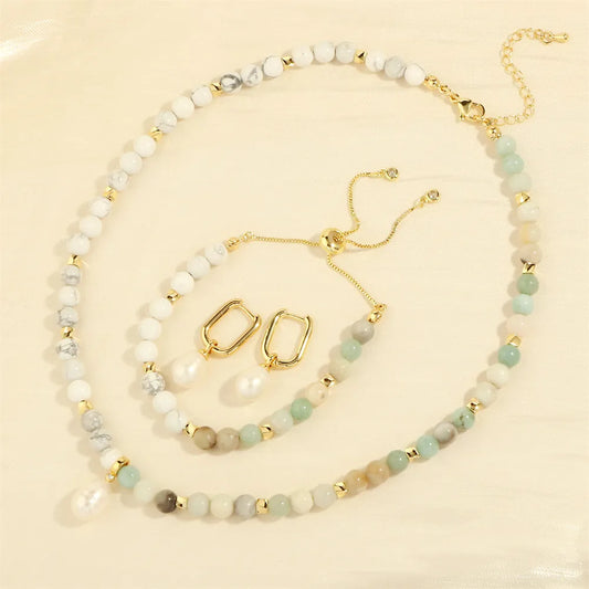 Bohemian Irregular Freshwater Pearl Stone Beaded Handmade Inlay Zircon 18k Gold Plated Women'S Jewelry Set