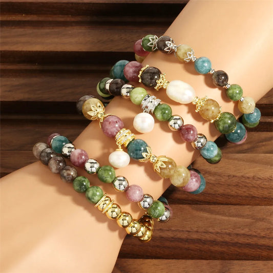 Bohemian Irregular Geometric Round Artificial Gemstones Freshwater Pearl Beaded Handmade Plating Zircon 18k Gold Plated Women's Bracelets