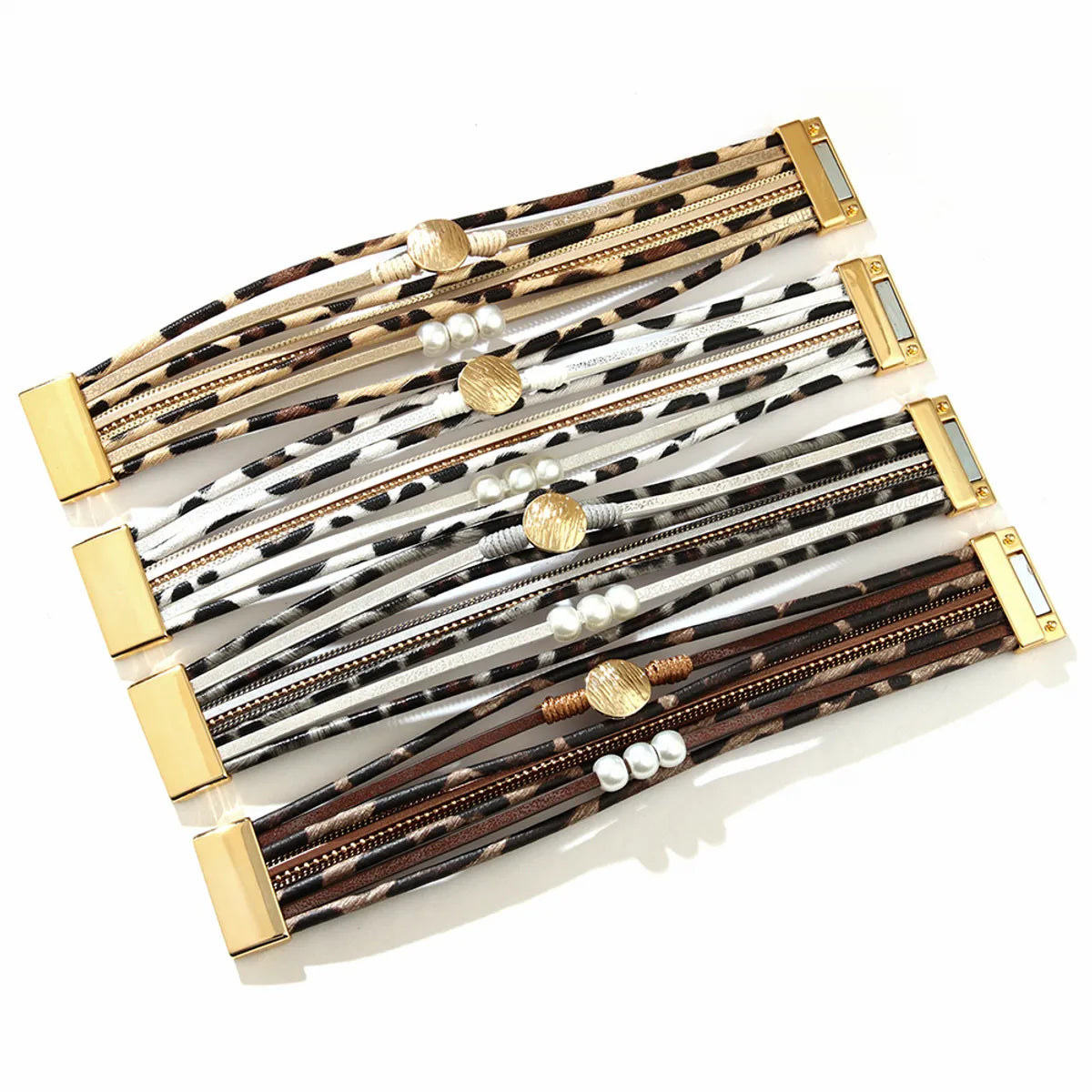 Bohemian Leopard Pu Leather Alloy Beaded Buckle Artificial Pearls Gold Plated Silver Plated Women'S Bracelets