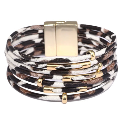 Bohemian Leopard Pu Leather Alloy Beaded Buckle Artificial Pearls Gold Plated Silver Plated Women'S Bracelets