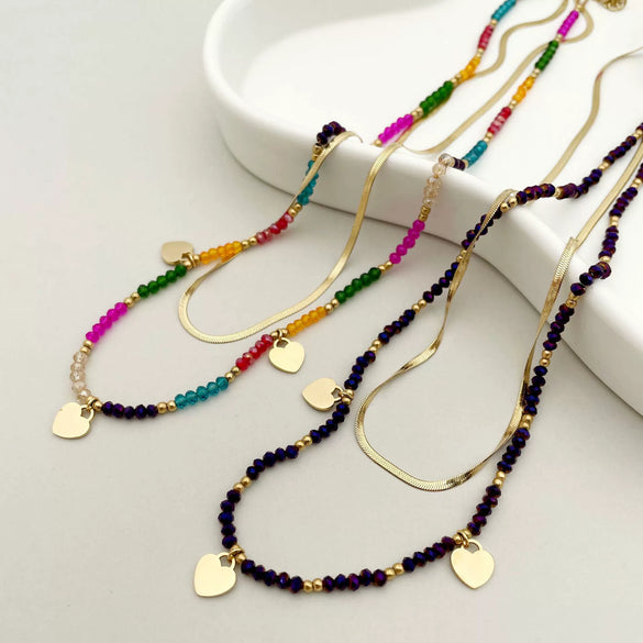 Bohemian Literary Style Heartshaped Stainless Steel Handbeaded Pendant Doublelayer Blade Necklace With Electroplating
