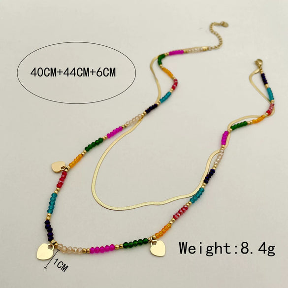 Bohemian Literary Style Heartshaped Stainless Steel Handbeaded Pendant Doublelayer Blade Necklace With Electroplating