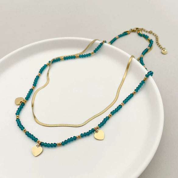 Bohemian Literary Style Heartshaped Stainless Steel Handbeaded Pendant Doublelayer Blade Necklace With Electroplating