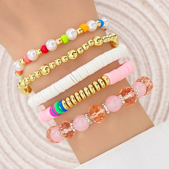Bohemian Mixed Material Geometric Hand Knitted Elastic Rope Stacking Style Bracelet With Gold Beads