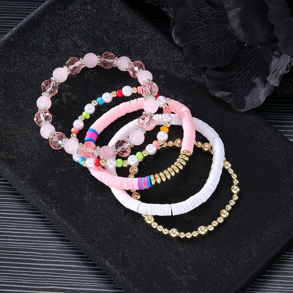 Bohemian Mixed Material Geometric Hand Knitted Elastic Rope Stacking Style Bracelet With Gold Beads