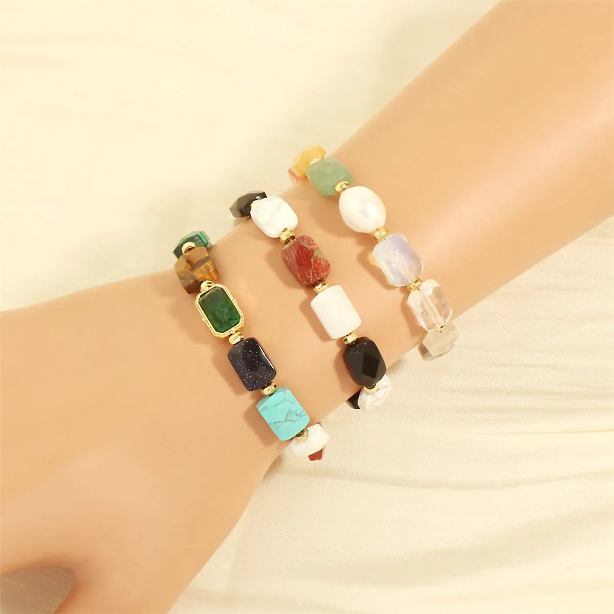 Bohemian Quadrilateral Artificial Gemstones Copper 18k Gold Plated Bracelets In Bulk