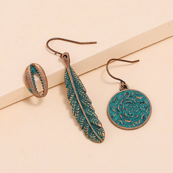 Bohemian Retro Alloy Flower Leaf Shell Earrings Geometric Painted Metal Ancient Bronze Style Three Piece Set