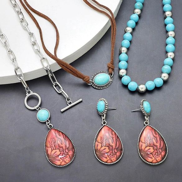 Bohemian Retro Alloy Necklace And Earrings Set With Turquoise Heart Water Drop And Bell Pendants Electroplated Stackable Women's Fashion Jewelry