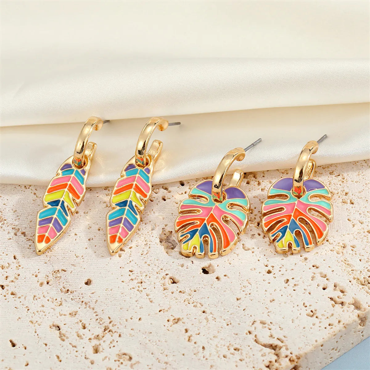 Bohemian Retro Color Dripping Leaf Earrings Metal Hoop Pendant Earrings