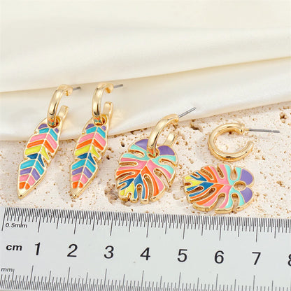 Bohemian Retro Color Dripping Leaf Earrings Metal Hoop Pendant Earrings