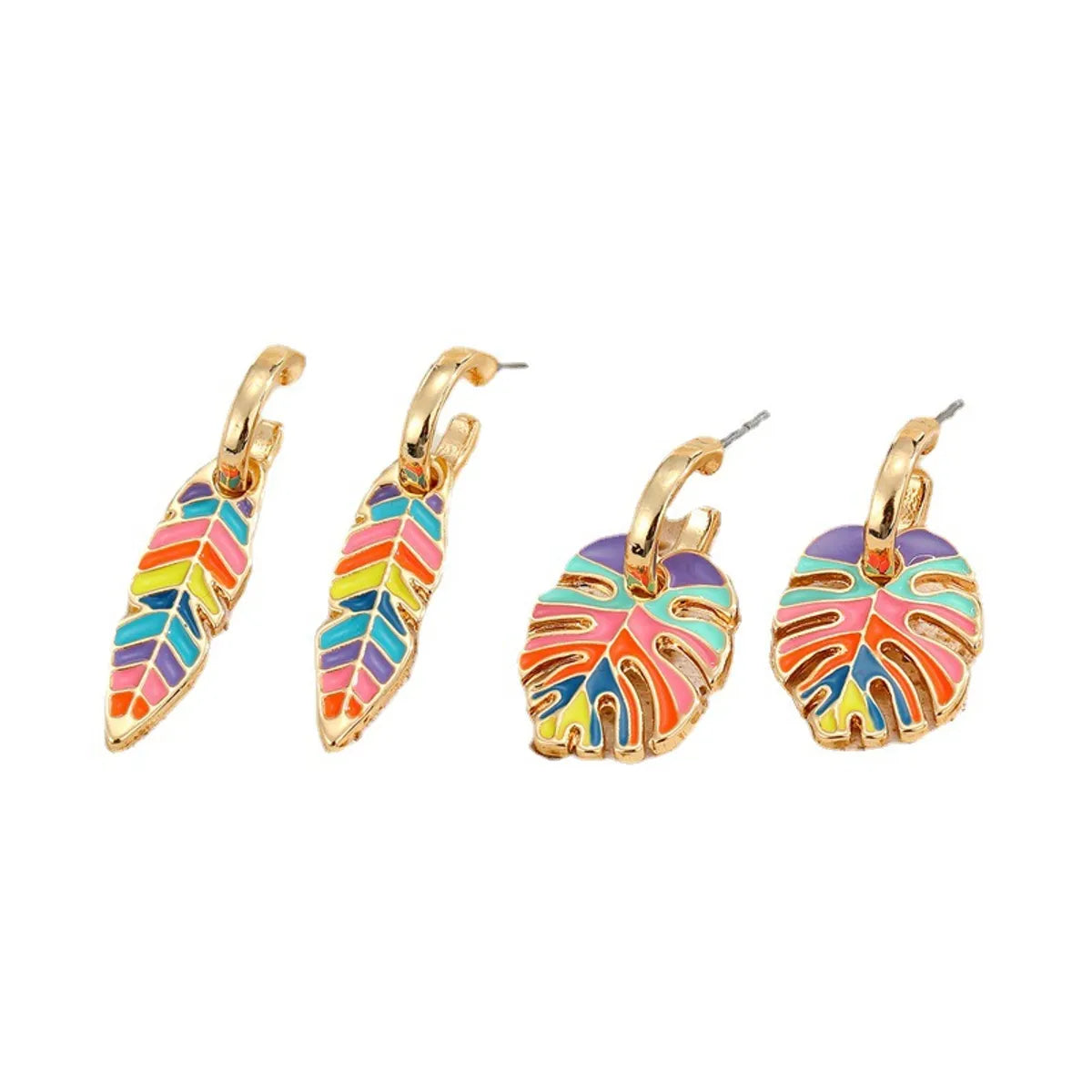 Bohemian Retro Color Dripping Leaf Earrings Metal Hoop Pendant Earrings