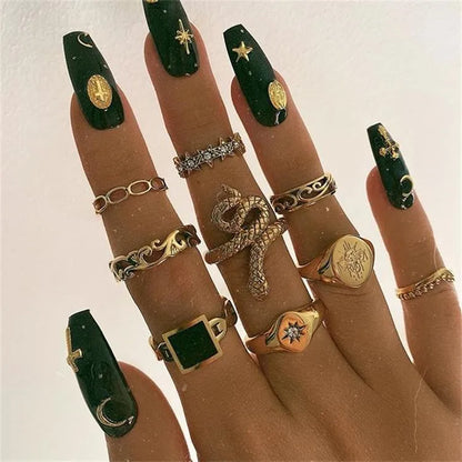 Bohemian Retro Hollow Snake-Shaped Diamond Ring 9-Piece Set