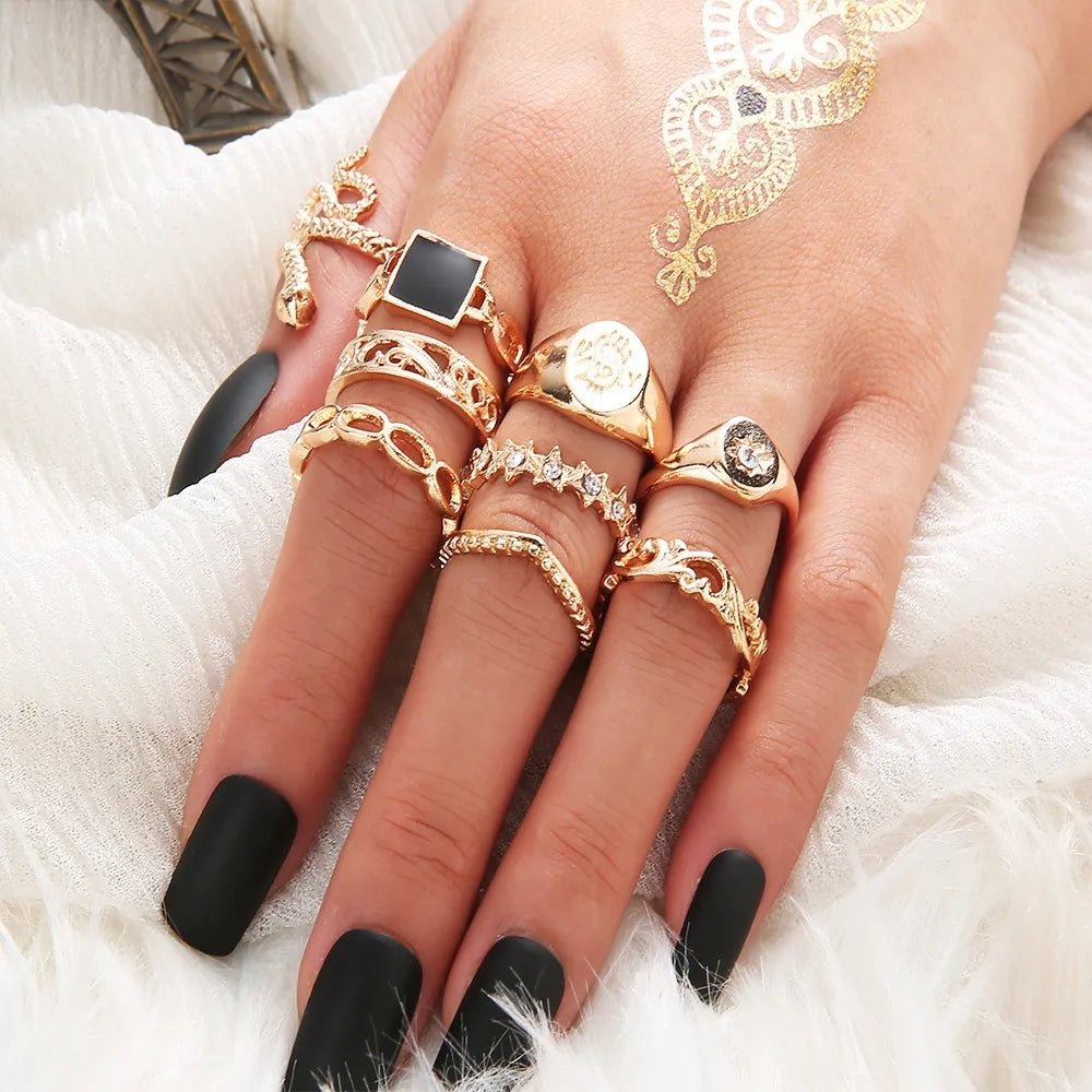 Bohemian Retro Hollow Snake-Shaped Diamond Ring 9-Piece Set