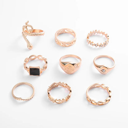 Bohemian Retro Hollow Snake-Shaped Diamond Ring 9-Piece Set