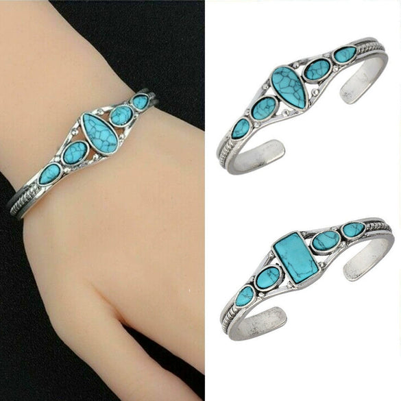 Bohemian Retro Turquoise Carved Geometric Open Adjustable Alloy Bracelet With Electroplating