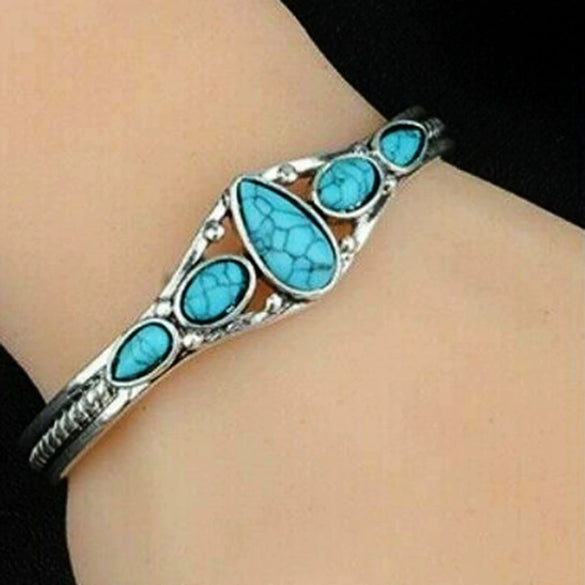 Bohemian Retro Turquoise Carved Geometric Open Adjustable Alloy Bracelet With Electroplating