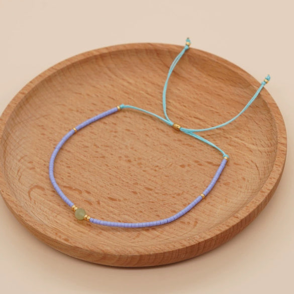 Bohemian Semi Precious Stone Beaded Glass Glaze Handmade Colorful Lucky Stone Rice Beads Adjustable Unisex Couple Stacked Bracelet