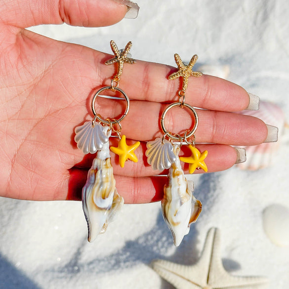 Bohemian Shell Conch Earrings With Starfish Pendant Handmade Acrylic Beach Wind Long Earrings For Women
