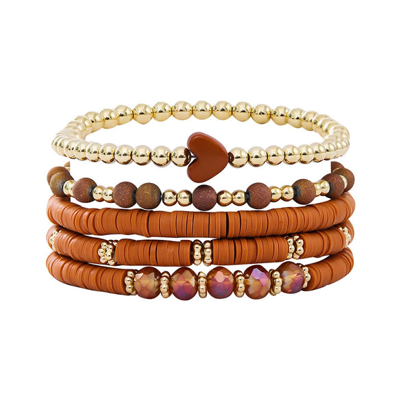 Bohemian Soft Clay Elastic Rope Heart Gold Spacer Bead Women's Bracelet Set Jewelry